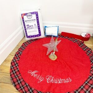 Red Plaid Christmas Tree Skirt with Silver Star Toppr
